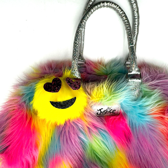 Justice Bags Justice Fuzzy Pink Rainbow Rolling Carry On Bag